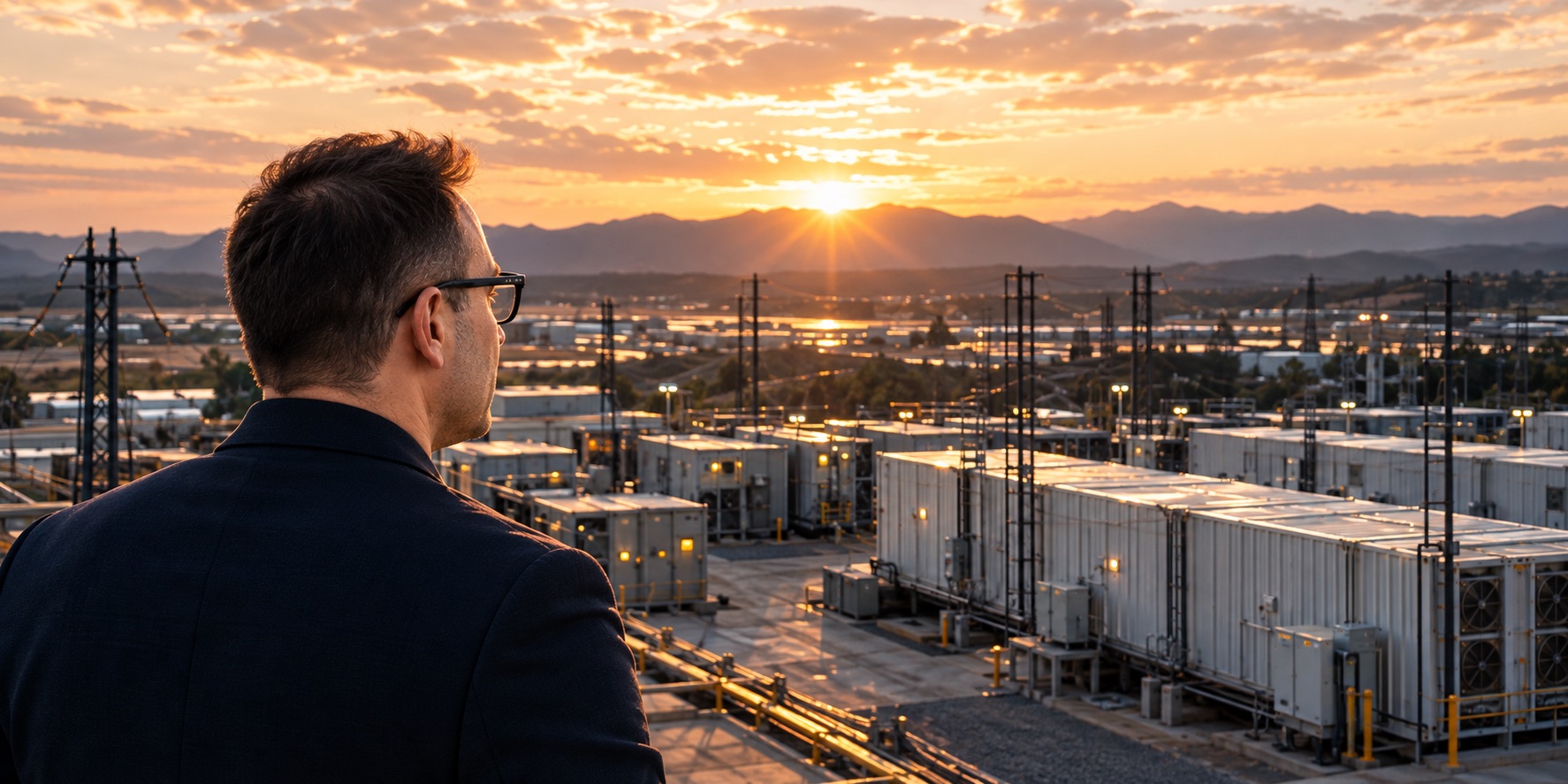 Illustration of Michal looking over a mining facility at sunset